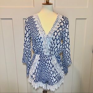 Lulumari Blue & White Diamond Print Lace romper